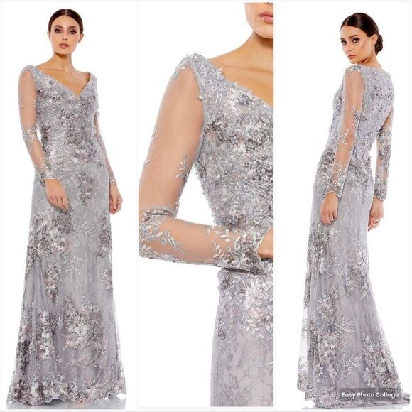 Mac Duggal 67539 Womens Embellished V Neck Long Sleeve Gown - Picture 1 of 13